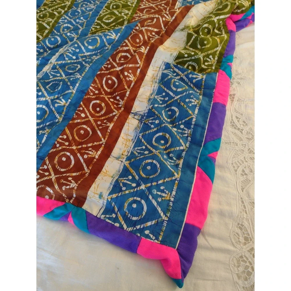 Vtg Neon 70s Cutter Quilt Blanket Handmade Solid Pink Purple Turquoise 60x60
